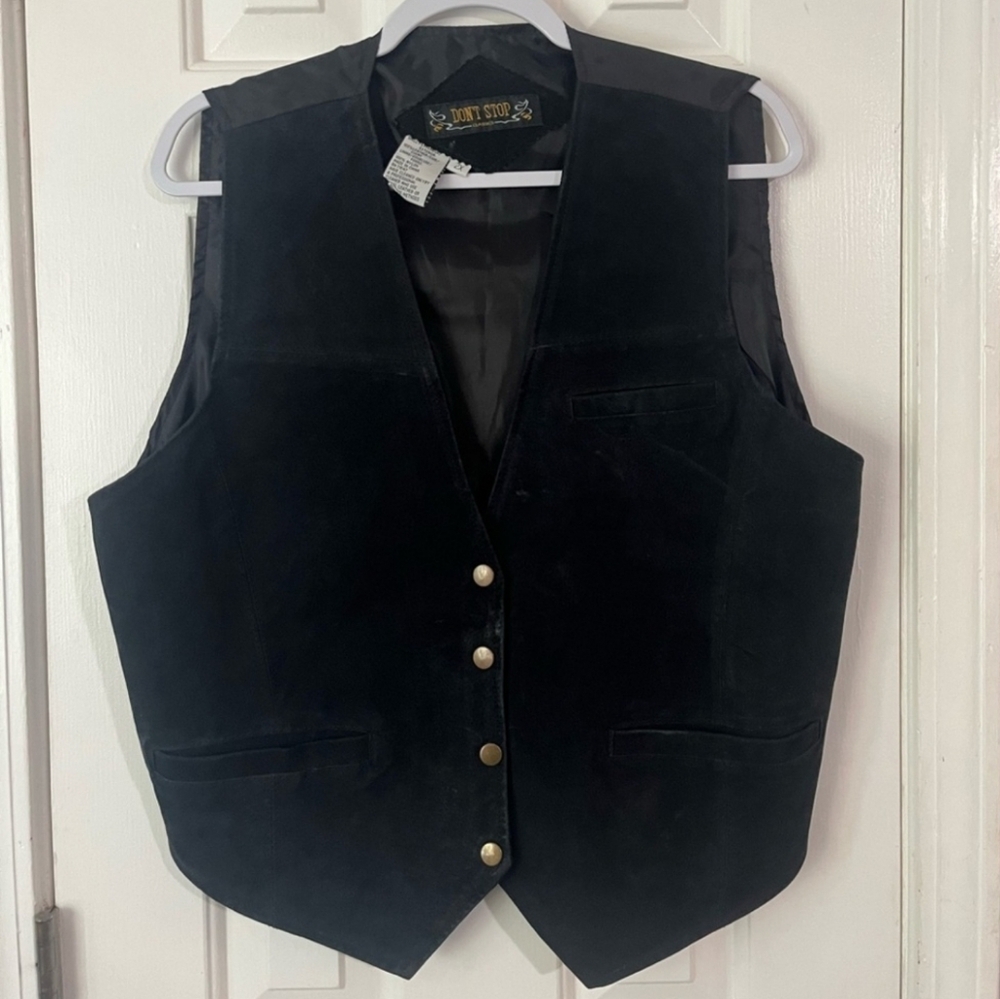 Women’s black suede leather vest vintage 1980s Don’t Stop size 2x